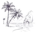 Palm tree landscape. Sketch tropical palms ocean coast, exotic island hawaii natura summer vacation poster hand drawn Royalty Free Stock Photo