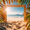 Palm tree leafed background in frame with golden sand and sea view