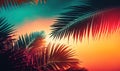 a palm tree leaves against a colorful sky background with a red and blue hue Royalty Free Stock Photo