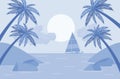 Palm tree light blue silhouette, sailboat, sea shore beach scenery Royalty Free Stock Photo