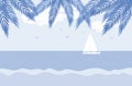 Palm tree light blue silhouette, sailboat, sea shore beach scenery Royalty Free Stock Photo