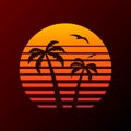 Palm tree logo on sunset background and flying plane.