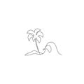 Palm tree, mountain, sea one line drawing art. Abstract tropical island continuous line Royalty Free Stock Photo