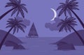 Palm tree night silhouette, sailboat, sea shore beach beautiful scenery Royalty Free Stock Photo