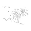 Palm tree in one continuous line drawing. Vector tropical landscape, seagulls, hills, sea cost illustration Royalty Free Stock Photo