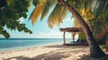Palm Tree Overlooking a Tranquil Beach with a Thatched Roof Cabana Royalty Free Stock Photo