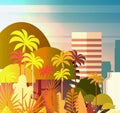 Palm Tree Park Over City Buildings Skyscrapers Background Summer Cityscape On Sunset View Royalty Free Stock Photo