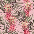 Palm tree and red pineapple seamless pattern. Tropical watercolor background Royalty Free Stock Photo