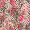 Palm tree and red pineapple seamless pattern. Tropical watercolor background Royalty Free Stock Photo