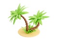 Palm tree on sand 3d render - tropical plant with green leaves and grass for beach vacation and summer travel