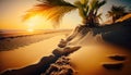 a palm tree on a sandy beach with the sun in the background. generative ai Royalty Free Stock Photo