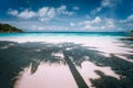 Palm tree shadow on tropical white sand beach wirh blue ocean clouds Royalty Free Stock Photo