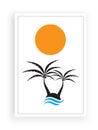 Palm tree silhouettes on little island on sunset / sunrise, vector. Minimalist background design. Poster design Royalty Free Stock Photo