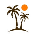 Palm tree silhouettes sign on sun beach, sunset on island, two palm and sun logo icon - vector