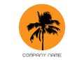 Palm tree summer logo template. Tropical palm tree, black silhouette and outline contours, company name, vector isolated