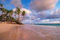 Palm trees on tropical islandbeach at sunset or sunrise with dramatic clouds and tropical Caribbean sea