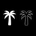 Palm tree tropical coconut set icon white color vector illustration image solid fill outline contour line thin flat style Royalty Free Stock Photo