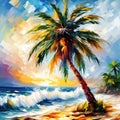 Palm tree on a tropical island with beach and sea waves, oil painting illustration. Royalty Free Stock Photo