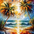 Palm tree on a tropical island with beach and sea waves, oil painting illustration Royalty Free Stock Photo