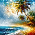 Palm tree on a tropical island with beach and sea waves, oil painting illustration Royalty Free Stock Photo