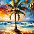 Palm tree on a tropical island with beach and sea waves, oil painting illustration Royalty Free Stock Photo