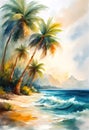 Palm tree on a tropical island with beach and sea waves, oil painting illustration Royalty Free Stock Photo