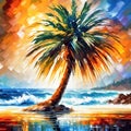 Palm tree on a tropical island with beach and sea waves, oil painting illustration Royalty Free Stock Photo