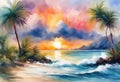 Palm tree on a tropical island with beach and sea waves, oil painting illustration Royalty Free Stock Photo