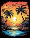 Palm tree on a tropical island with sunset colors, flat sticker illustration isolated on black