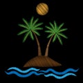 Palm tree with water wave and sun embroidery stitches imitation