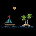 Palm tree with wave, boat and sun embroidery stitches imitation