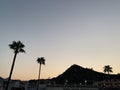 Palm trees against the background of mountains and blue sky. Silhouette of palm trees on a summer evening at sunset. Tall tropical Royalty Free Stock Photo