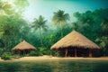 Palm trees against blue sky, tropical coast with mountains on a background, ocean, sea with turquoise water. Summertime Royalty Free Stock Photo