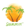 Palm trees against the watercolor sun. Vector logo Royalty Free Stock Photo