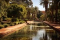 Palm trees in the Alhambra, Granada, Spain, Garbage pile in forest among plants. Toxic plastic into nature everywhere, AI