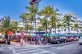 Palm trees and art deco hotels at Ocean Drive by night. The road is the main thoroughfare through South Beach in Miami, USA Royalty Free Stock Photo