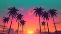 Palm trees on the background of a colorful bright sunset, red sun. Summer tropics vacation