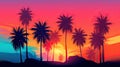 Palm trees on the background of a colorful bright sunset, red sun. Summer tropics vacation