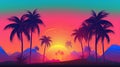 Palm trees on the background of a colorful bright sunset, red sun. Summer tropics vacation