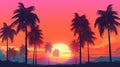 Palm trees on the background of a colorful bright sunset, red sun. Summer tropics vacation