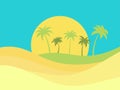 Palm trees on the background of the desert. Summer time. Tropical landscape in flat style. Wavy desert landscape