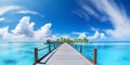 Palm trees and beach bar and long wooden pier pathway. Tropical vacation and summer holiday Royalty Free Stock Photo