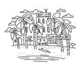 Palm trees on the beach coast on the background of houses. waterfront shore. Hand drawn sketch vector and black line.