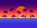 Palm trees and beach umbrellas at sunset. Tropical beach, coast at sunset, gradient sunset. Landscape with palm trees on the Royalty Free Stock Photo