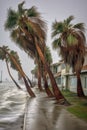 palm trees bending in strong hurricane winds
