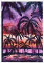 Palm trees black silhouette sunset purple pink violet orange sky watercolor illustration Royalty Free Stock Photo