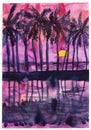 Palm trees black silhouette sunset purple pink violet sky watercolor illustration Royalty Free Stock Photo