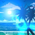 Palm trees on blue ocean shore with bright sun