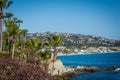 Palm trees and the blue Pacific Ocean view in Laguna Beach, California, in Southern California Royalty Free Stock Photo
