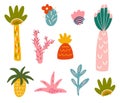 Palm trees and cacti set. Tropical plants. Modern abstract design in cartoon style. Vector hand draw illustration isolated on the Royalty Free Stock Photo